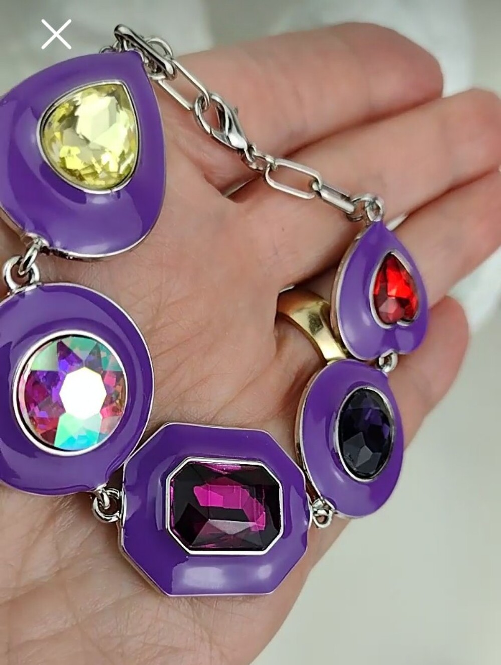 Purple Enmaled Multi-faceted Colorful Gem Stone Silver Tone Statement Bracelet